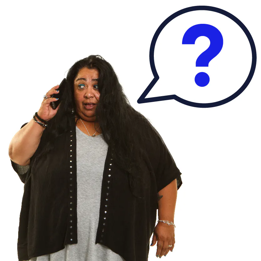 A person having a phone call. Above them is a question mark in a speech bubble.
