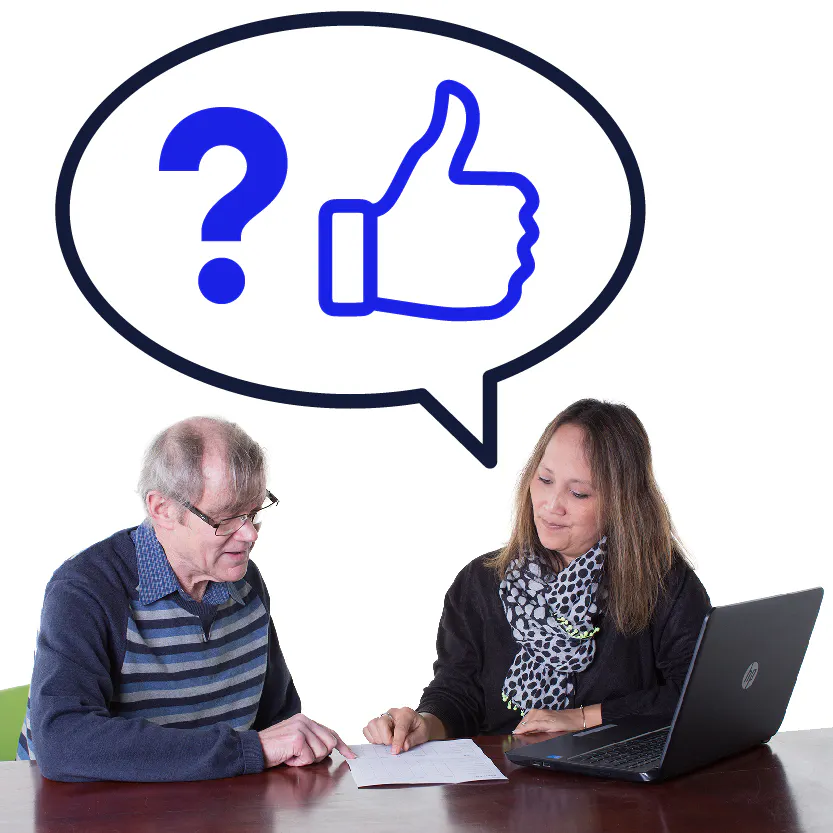 A support worker showing someone else a document. Above the support worker is a speech bubble with a question mark and a thumbs up in it.
