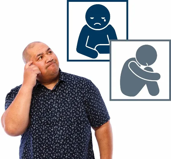 A man in a thinking pose. There are icons for abuse and neglect next to him