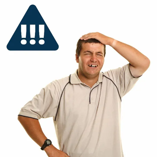 A man looking worried with his hand on his head and a serious icon next to him
