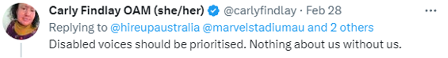 A tweet from Carly Findlay reads: Disabled voices should be prioritised. Nothing about us without us.