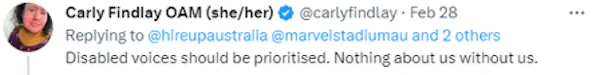 A tweet from Carly Findlay reads: Disabled voices should be prioritised. Nothing about us without us.