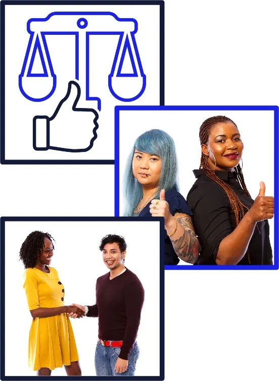 A montage of three images. The first image is an icon of a set of scales and a thumbs up. The second image is of two women smiling, with their thumbs up. The third image shows two people shaking hands.