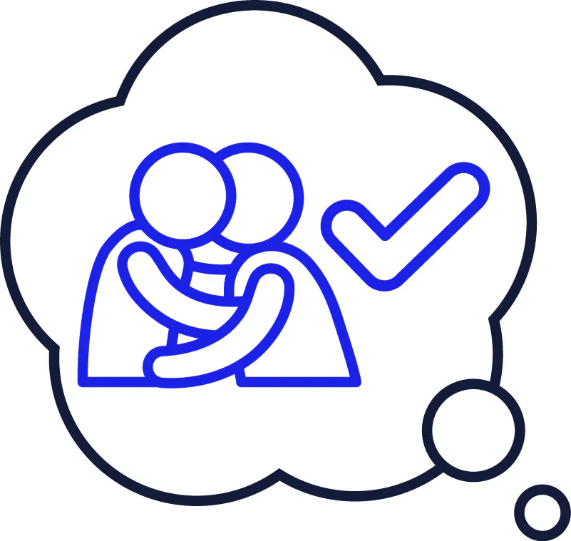 A tick and 2 people holding each other and kissing in a speech bubble.