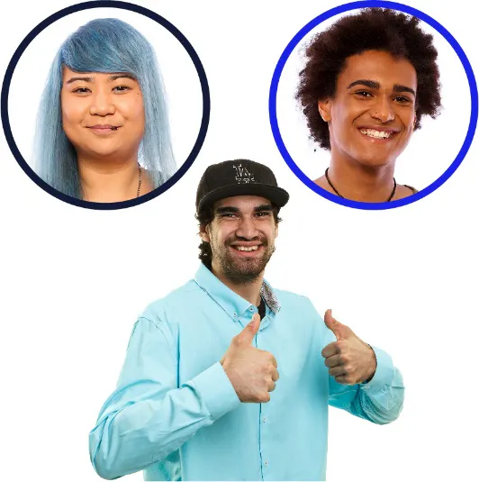 A man with his thumbs up. Above him are two circles with different peoples faces in them.