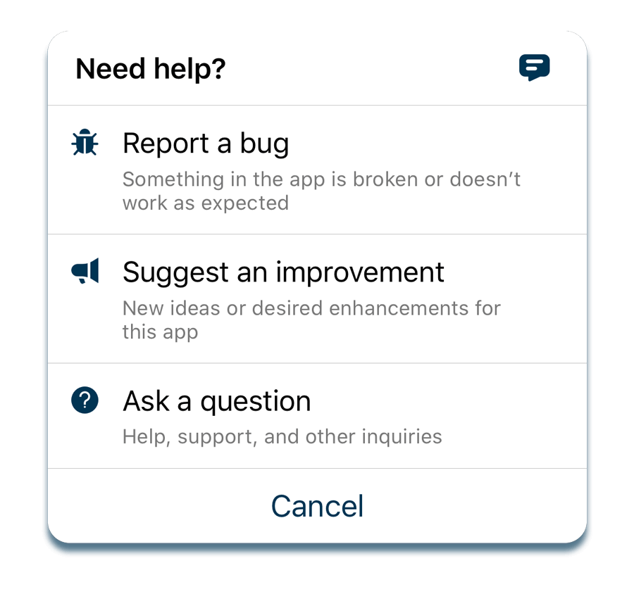 An iOS interface, with three options: to report a bug, suggest an improvement or ask a question. 