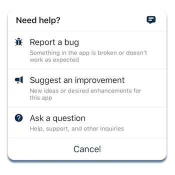 An iOS interface, with three options: to report a bug, suggest an improvement or ask a question.