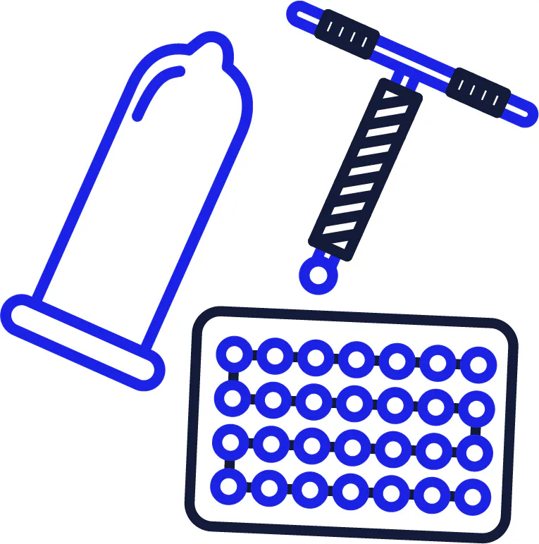 3 types of contraception. A condom, an IUD and a packet of pills.