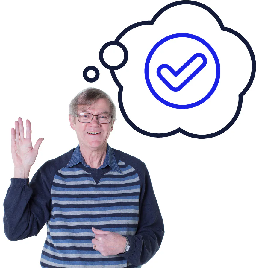 A person with their hand in the air. Above them is a tick in a thought bubble.