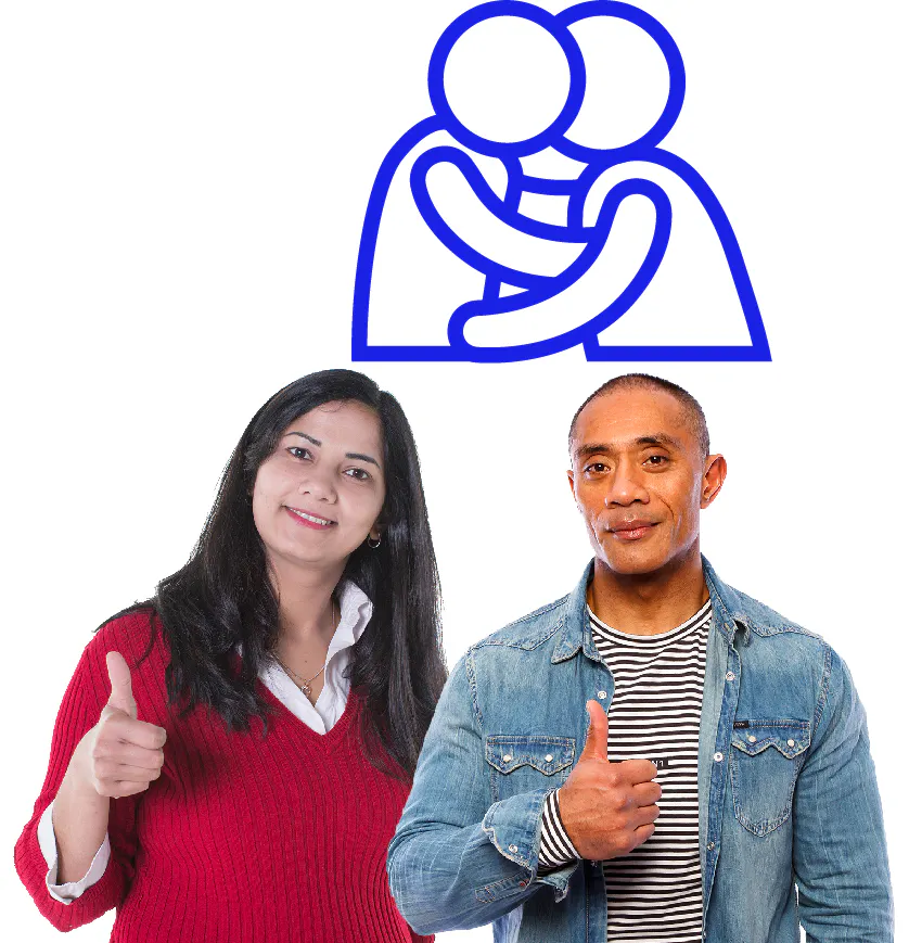 2 people giving a thumbs up. Above them are 2 people holding each other and kissing. 