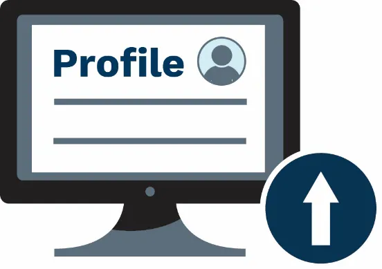 Profile on computer screen with an arrow pointing up