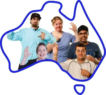Map of Australia. Inside it is a group of people with different disabilities.