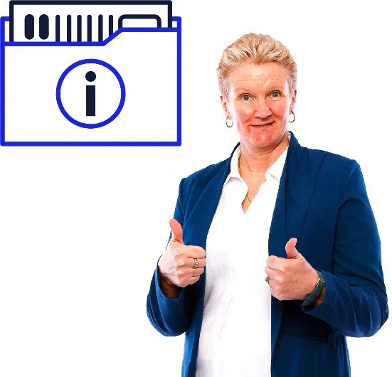 A woman with 2 thumbs up. A folder of information next to her.