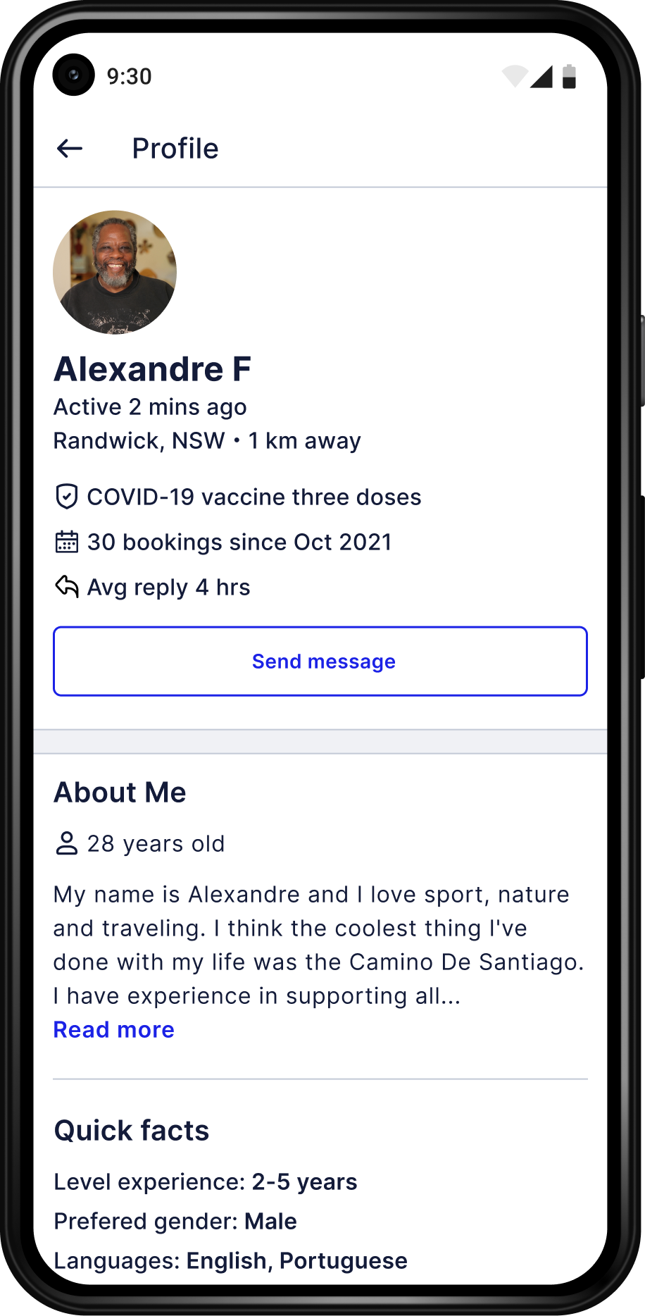 An Android phone showing a support worker's profile on the Hireup app.