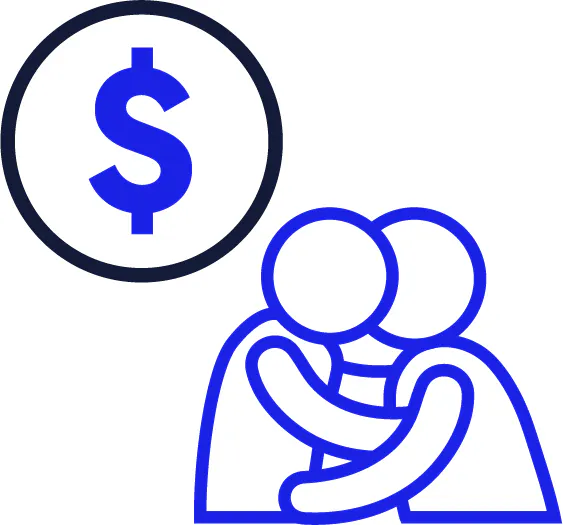2 people holding each other and kissing. Above them is a money icon.