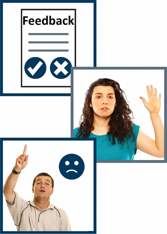A montage of 3 images - a feedback document icon with a tick and a cross, a woman raising her hand to say something and a man raising his hands to make a complaint
