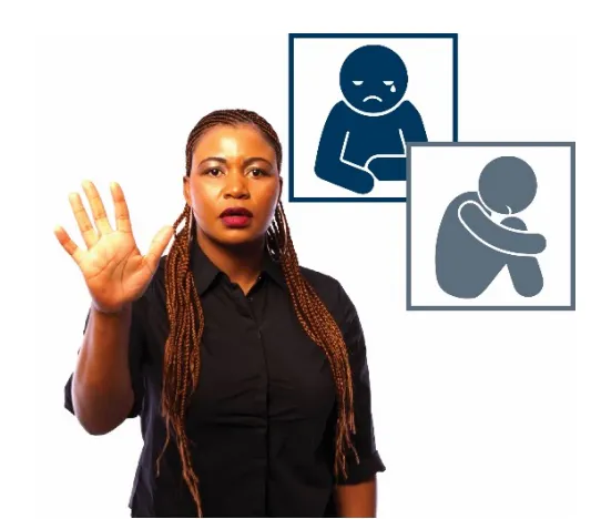 A woman with one hand up in a 'stop' sign, with icons for sadness and isolation behind her