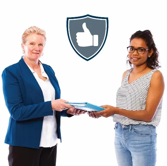A woman handing a folder to another woman, with an icon for safety above them