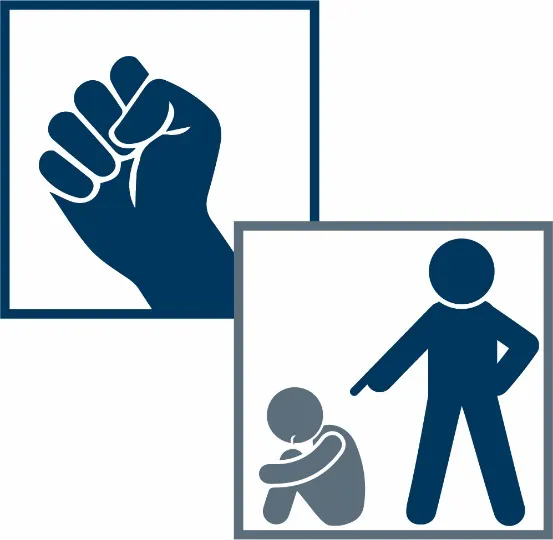 A montage of two images: a fist icon for violence and a person standing over another person, who is on the ground being threatened