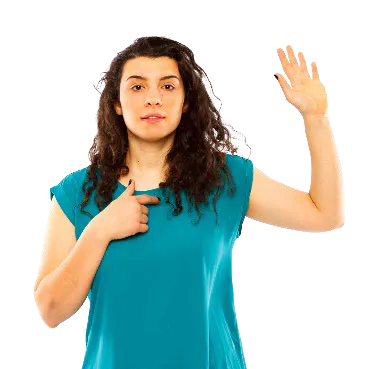 A woman pointing to herself with a hand up.
