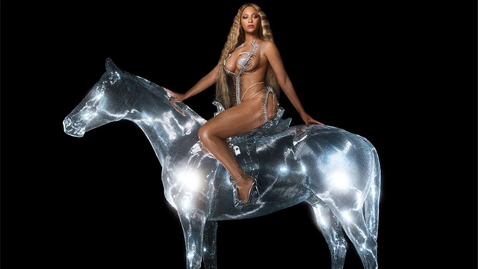 Beyoncé sits on a silver disco horse in an image that appears on her album, Renaissance.
