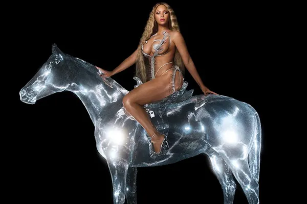 Beyoncé sits on a silver disco horse in an image that appears on her album, Renaissance.