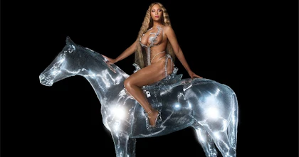Beyoncé sits on a silver disco horse in an image that appears on her album, Renaissance.
