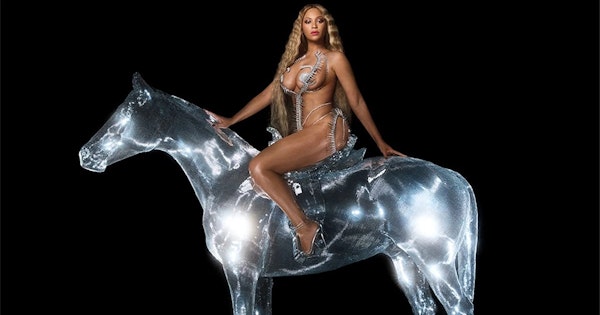 Beyoncé sits on a silver disco horse in an image that appears on her album, Renaissance.