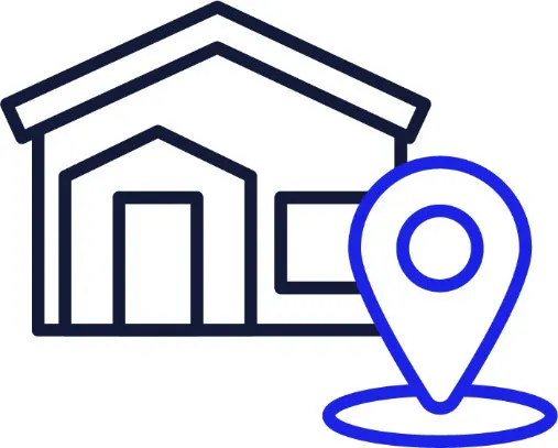A map marker in front of a house.