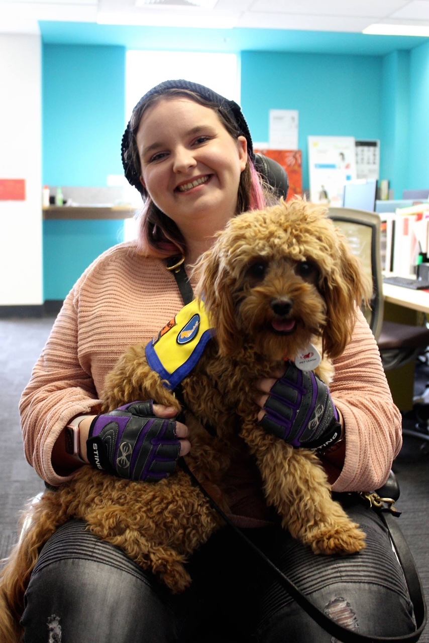 Jess has a light brown dog on her lap. The dog is wearing a yellow and blue harness. Jess has pink hair and is wearing a salmon coloured jumper. She is smiling and holding the dog. Jess uses a wheelchair.