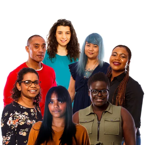 A group of people from different backgrounds standing together