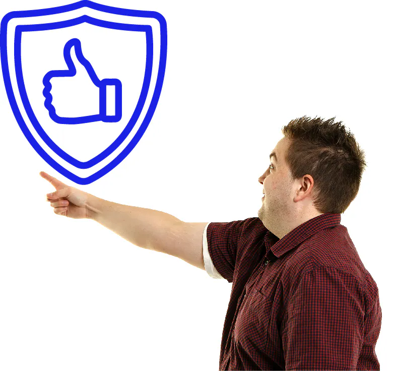 A support worker pointing to a safety icon.