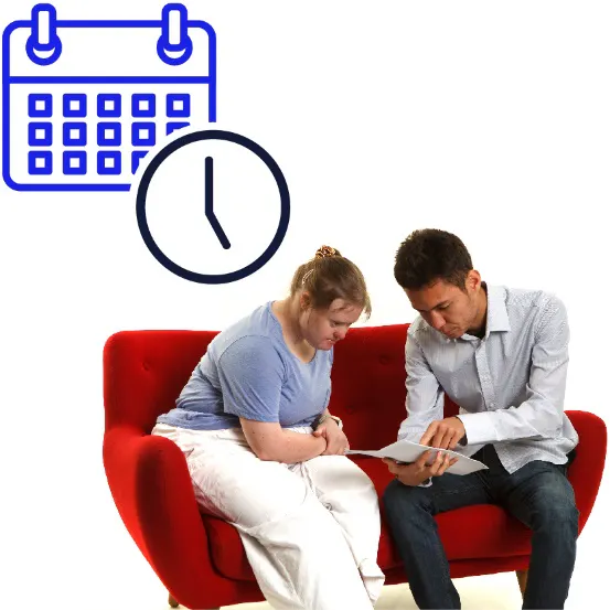 A man and a woman on a couch, looking at a document. Above them is an icon showing a clock and a calendar.