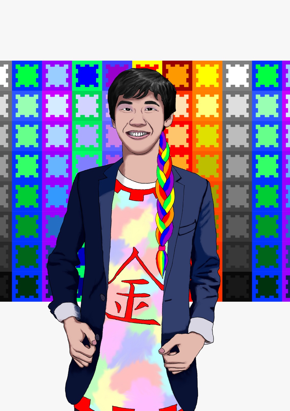 An illustration of Jaycee Kim standing in front of a colourful artwork.