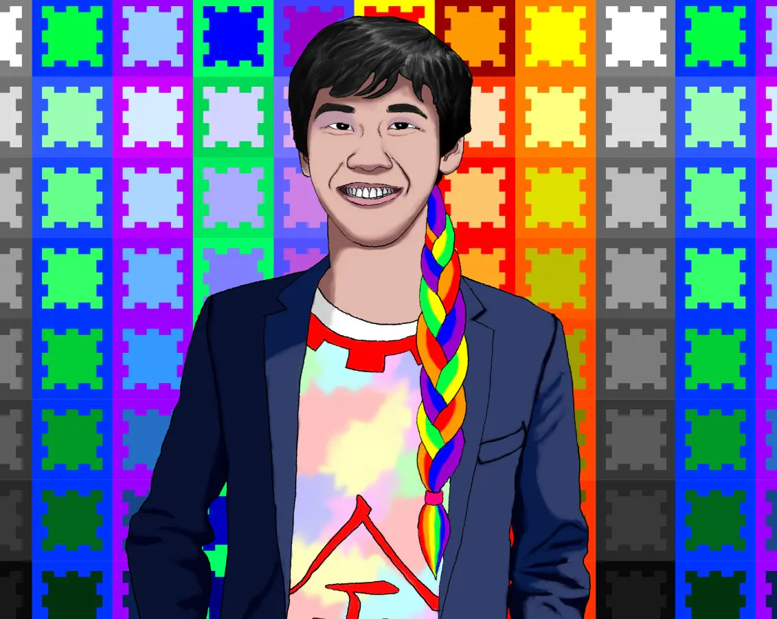 An illustration of Jaycee Kim standing in front of a colourful artwork.