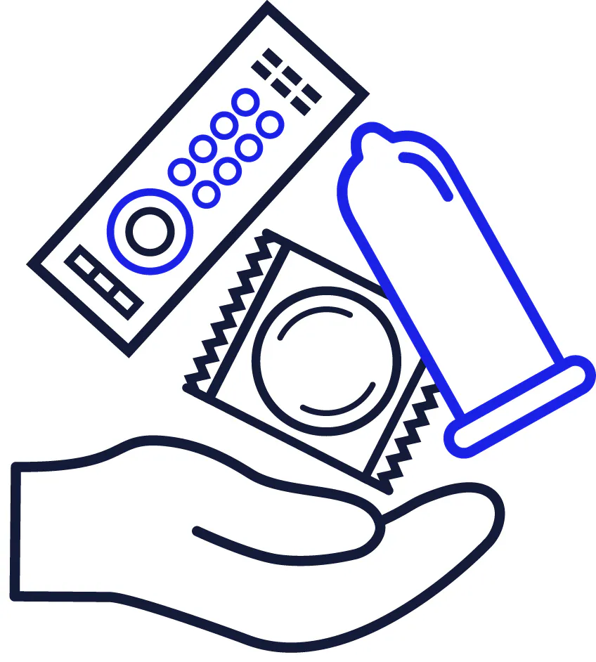 A hand holding a remote, a condom and a condom packet.