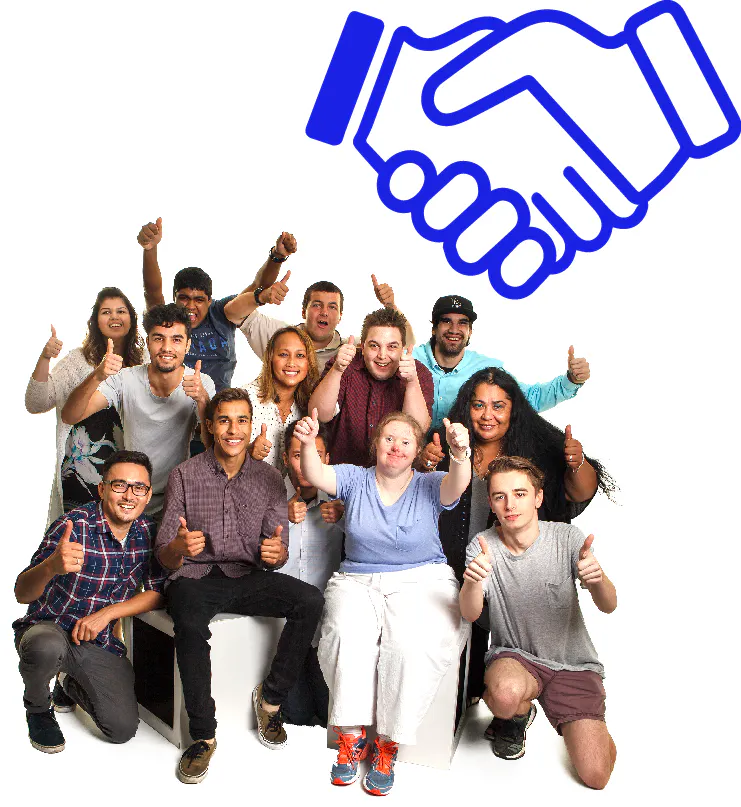 A handshake icon and a large group of people giving thumbs ups.