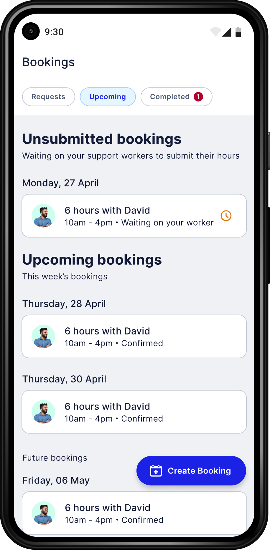 An Android phone showing the bookings screen of the Hireup app.