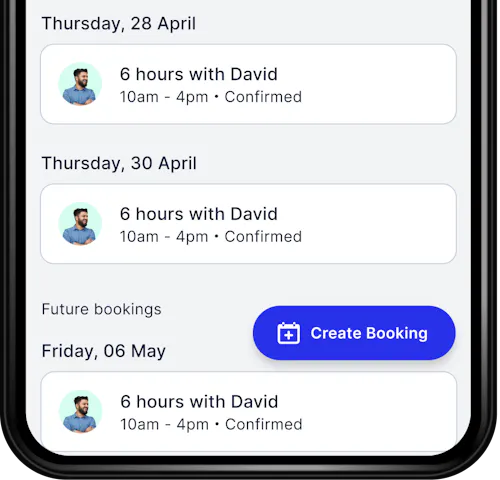 An Android phone showing the bookings screen of the Hireup app.