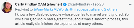 A tweet from Carly Findlay reads: I know a few disabled people whose queries to marvel went ignored. So while I'm glad Molly had a great time, and it was a smooth process, this article really diminishes the experience of many others.