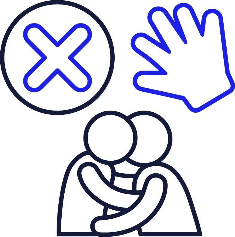 2 people kissing and holding each other. Above them is a cross and a support worker's hand.