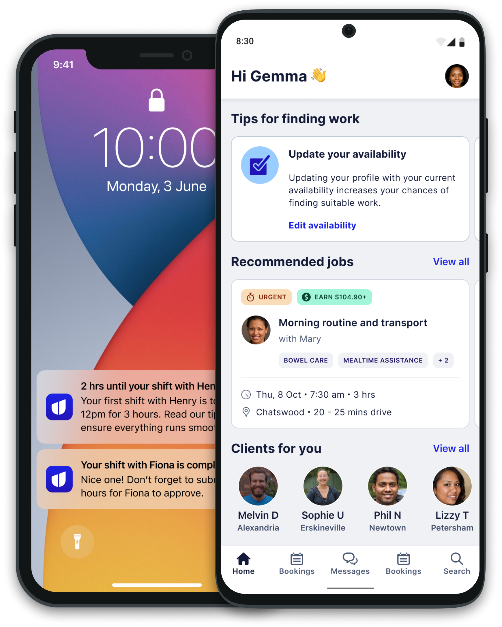 2 images of mobile phones. One shows the Hireup app dashboard of a user, and the other shows notifications from the Hireup app.