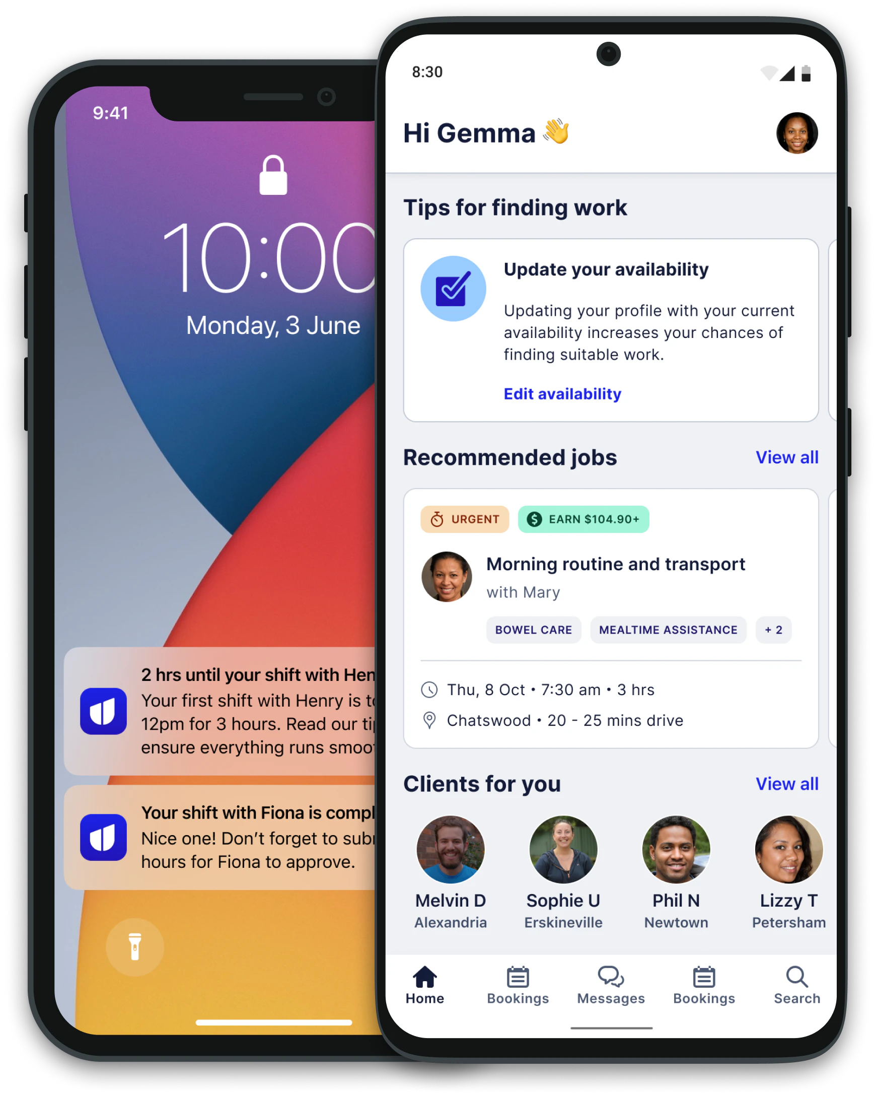 2 images of mobile phones. One shows the Hireup app dashboard of a user, and the other shows notifications from the Hireup app.