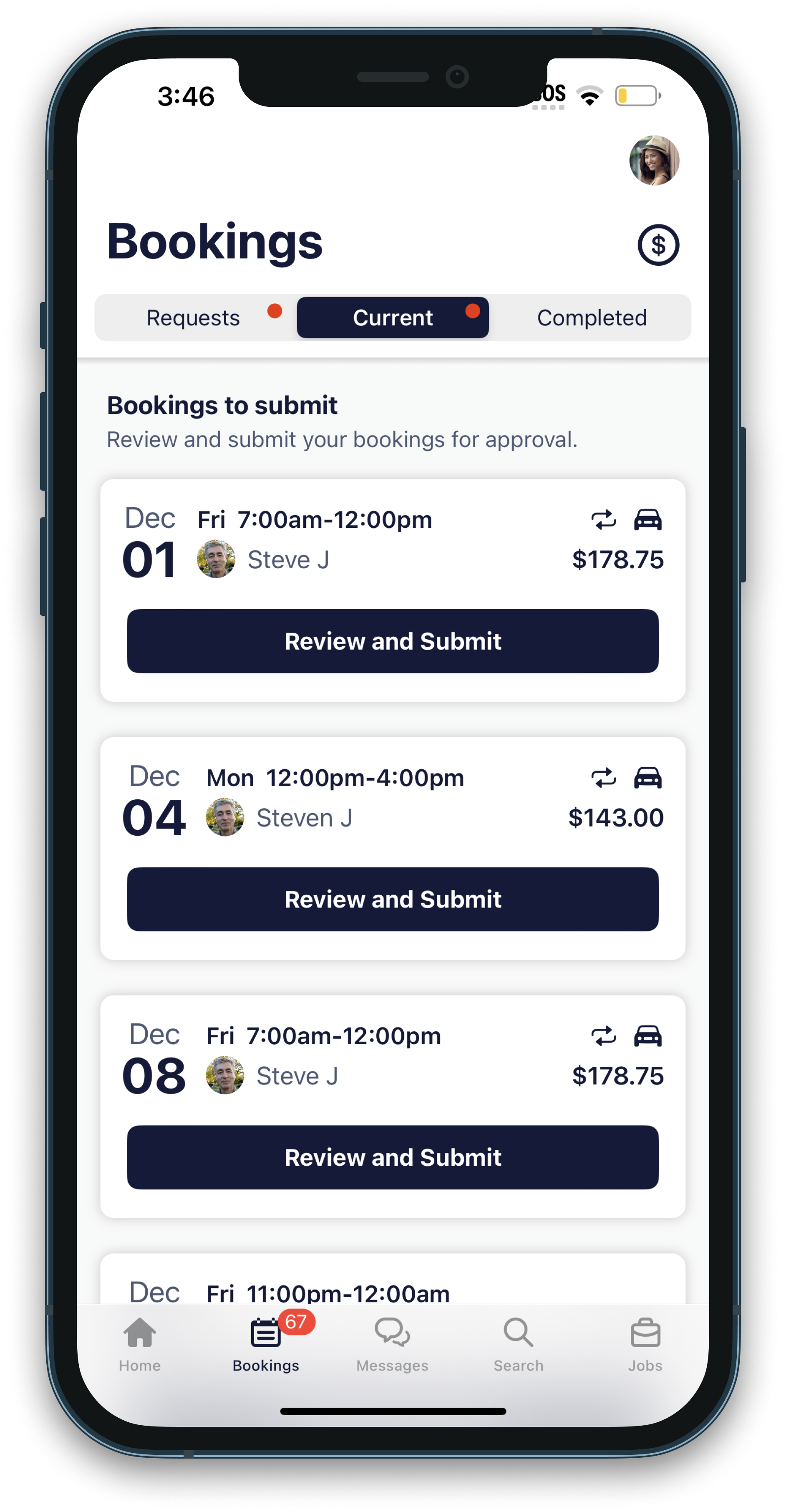A screenshot of the Hireup App on an iPhone. It shows the Bookings screen, where you can review and submit all of your bookings.