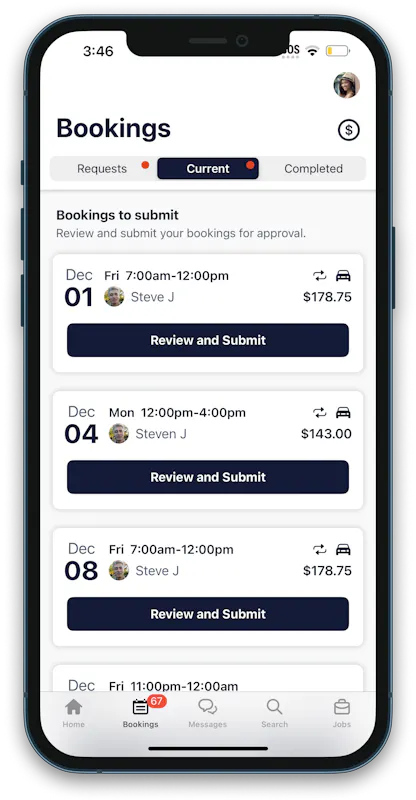A screenshot of the Hireup App on an iPhone. It shows the Bookings screen, where you can review and submit all of your bookings.