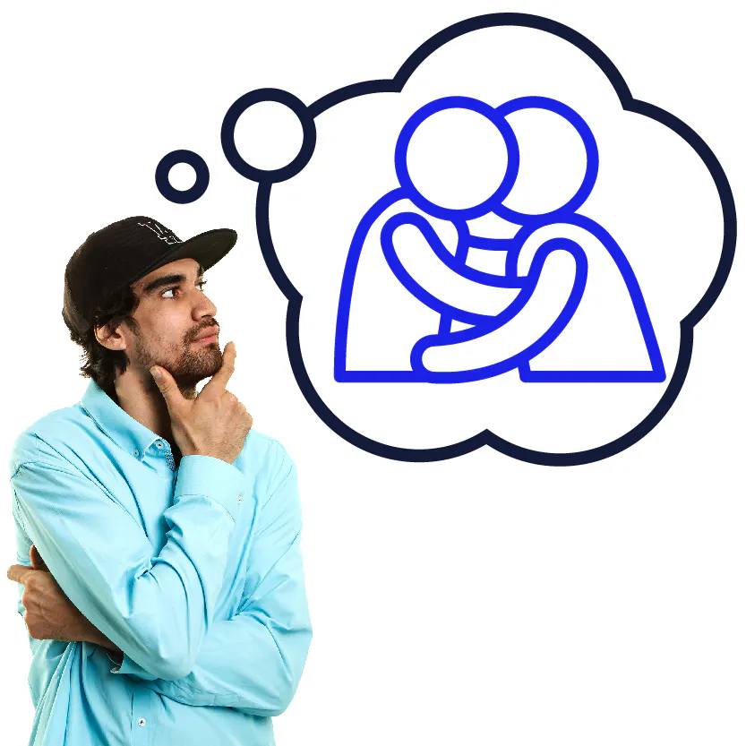 A person and 2 people holding each other and kissing in the thought bubble.
