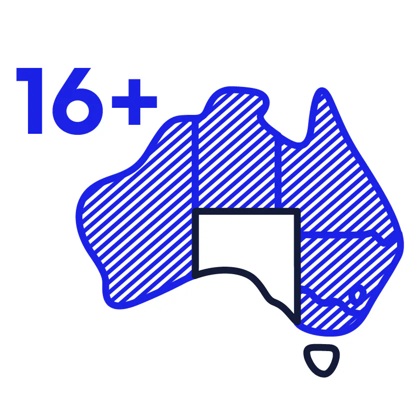 The number '16 plus' and a map of Australia with ACT, NSW, NT, QLD, VIC and WA highlighted.