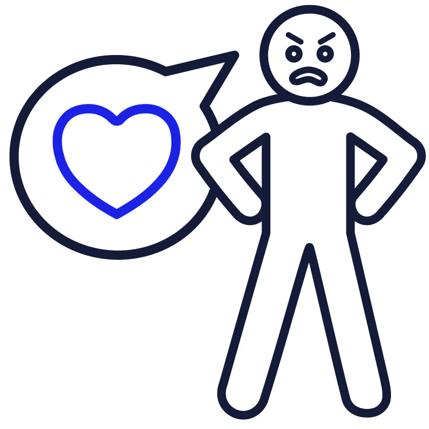 A person with their hands on their hips and a love heart inside of a speech bubble. They look angry.