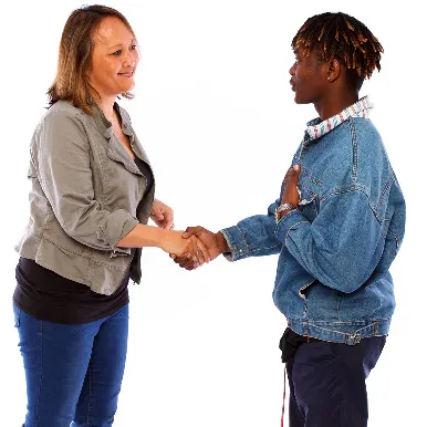 A woman and a man shaking hands