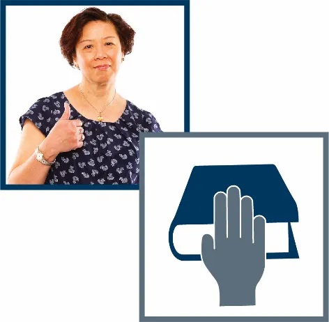A montage of 2 images- a woman smiling with thumbs up, and a hand on a bible
